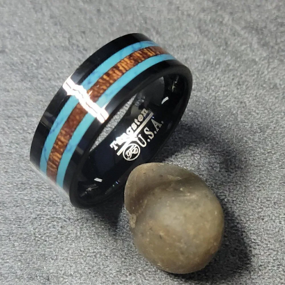 Men's Real Black Tungsten Wedding Ring Turquoise and Koa Wood Inalys